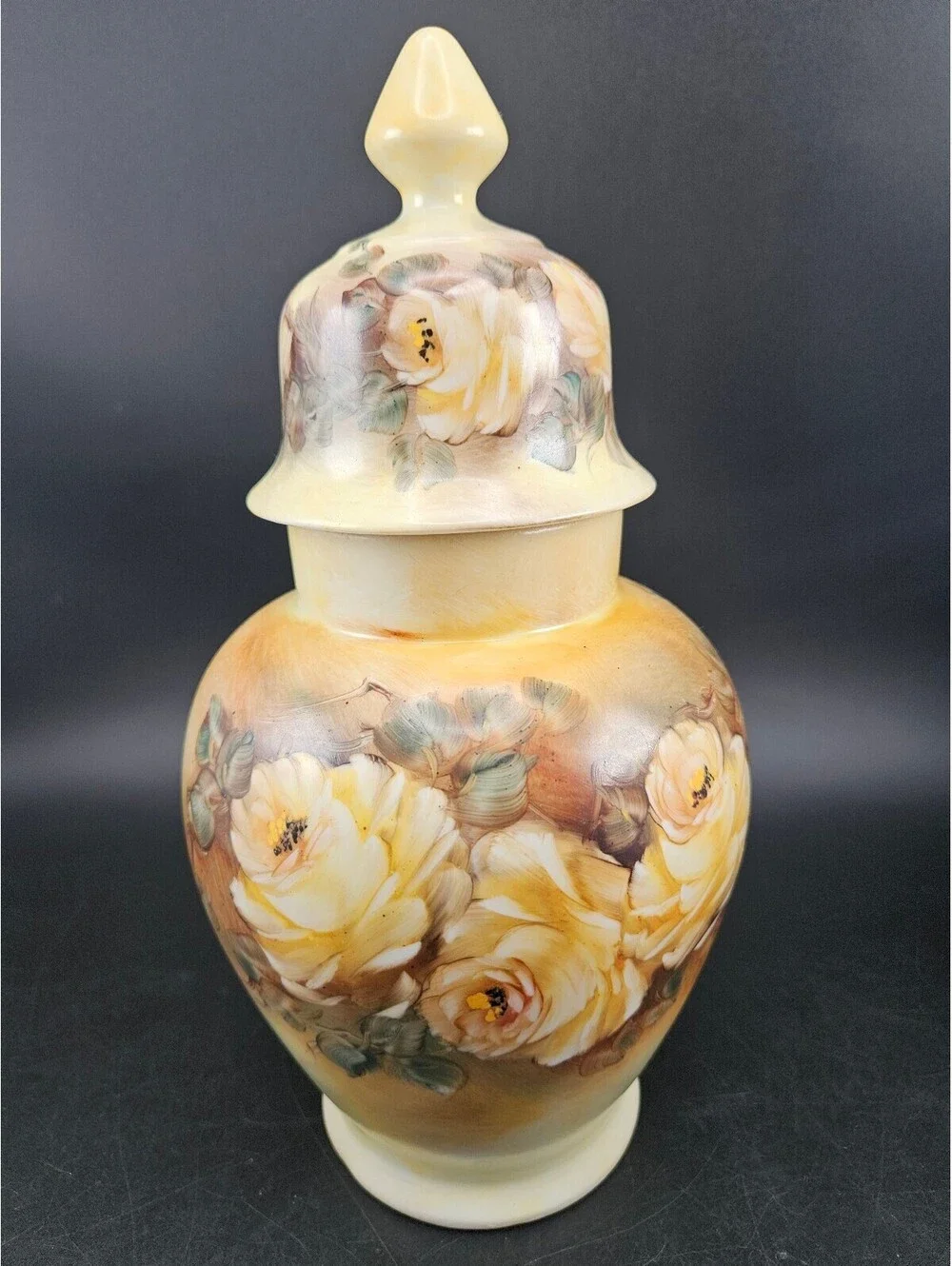 Vintage Hand Painted Yellow Rose Ginger Jar Signed Suzete 11
